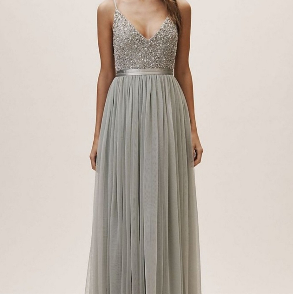 Anthropologie Prom Dress- size 16- Morning Mist Green Gray Sequins